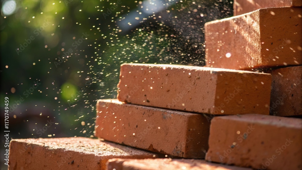 Aufkleber A dynamic angle captures a closeup of bricks partially stacked with some leaning against each other. Dust particles dance in the sunlight showcasing the raw primal quality of the
