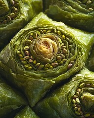 Obraz premium A close-up of vibrant green baklava layers filled with pistachios, showcasing intricate details and texture.