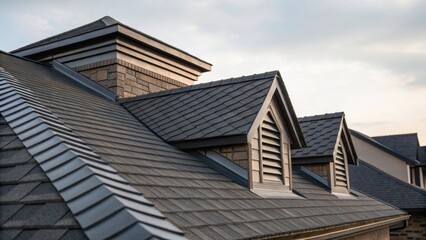 Obraz premium A dynamic angle capturing a combination of ridge vent sections and roofing shingles focusing on the contrast between the smooth engineered lines of ventilation pieces and the