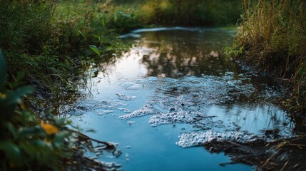 Serene Stream Close-Up of a Calm, Bubbling Creek in Lush Green Foliage.