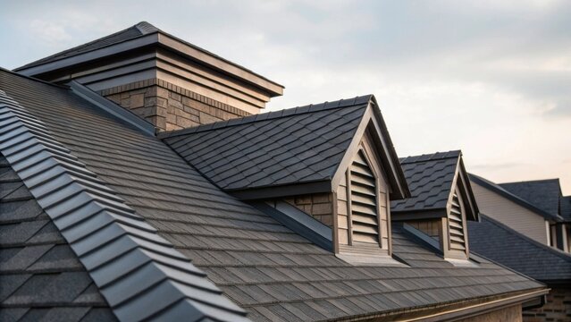A dynamic angle capturing a combination of ridge vent sections and roofing shingles focusing on the contrast between the smooth engineered lines of ventilation pieces and the