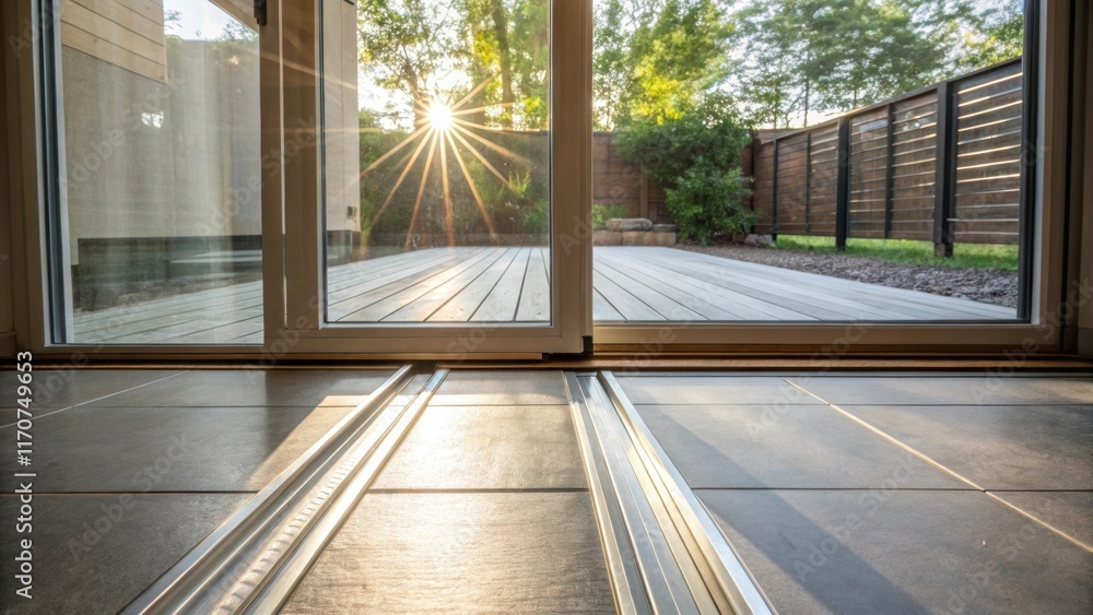 Poster A dynamic perspective of the sliding glass door in action with one panel sliding over the tracks. The image captures motion with sunlight streaming through the transparent glass