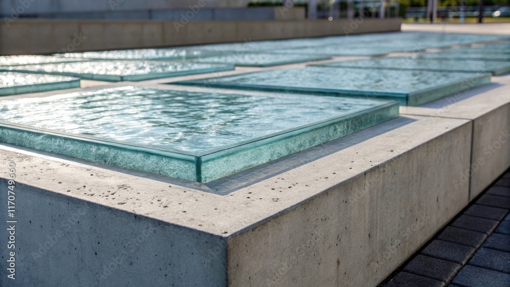 Poster A dynamic shot of glass blocks partially submerged in a sleek concrete frame emphasizing the juxtaposition of materials. The smooth cool surface of the concrete contrasts with the