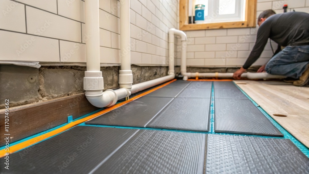 Poster a dynamic image shows the rubber underlayment being trimmed to fit around pipes and electrical outle