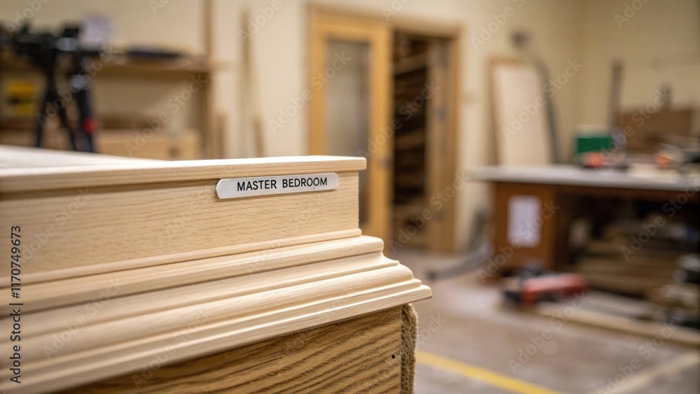 Poster A focused closeup on a single door jamb resting on a stack highlighting its intricate craftsmanship and smooth finish while a small label indicates its destined for the Master