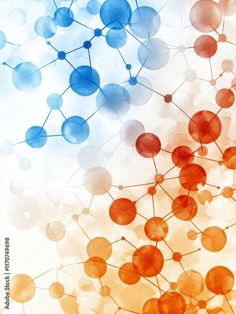 Poster abstract colorful background with blue and orange circular patterns connected with lines in a modern