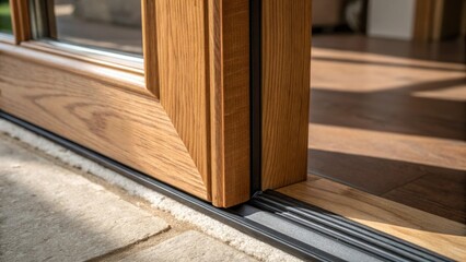 A dynamic perspective reveals the weatherstripping tape encapsulating a corner of a beautifully crafted door kit with shadows playing on the wood grains of the door frame creating