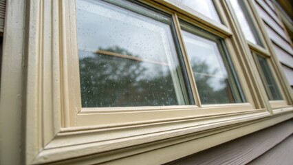 A focused image capturing the details of a storm window panel revealing the fine craftsmanship in its construction. The frame is painted in a vintage hue while the glass surface
