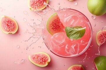 Refreshing pink guava drink with ice and fresh fruit splashing in vibrant colors.