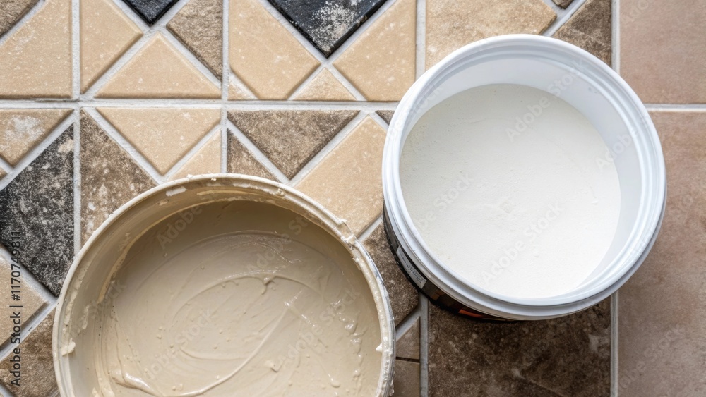 Poster A focus on a partially od bucket of premixed grout its lid resting beside it. The creamy texture spills slightly over the edge contrasting with the sharp edges of the patterned
