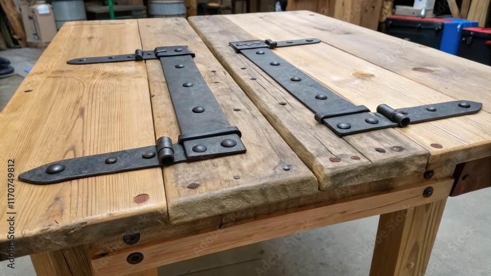 Poster A focus on a rustic DIY approach features handforged iron hinges tered on an unfinished wooden table. The artisanal quality of each piece exudes authenticity appealing to those who