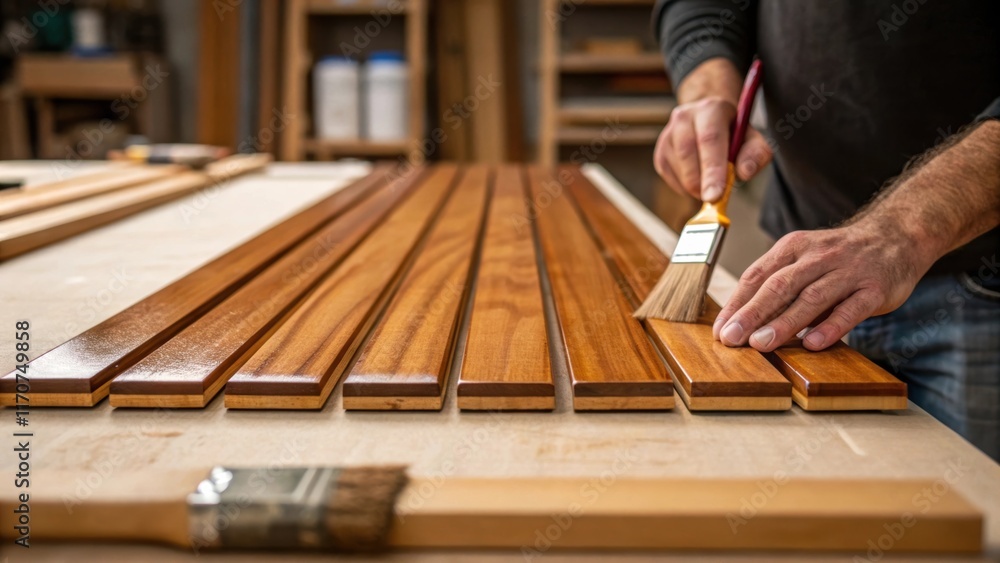 Poster A focused view of an artisans hand applying a layer of finish to an array of wooden shims laid out on the workbench. The sheen of the varnish glistens in the light capturing the