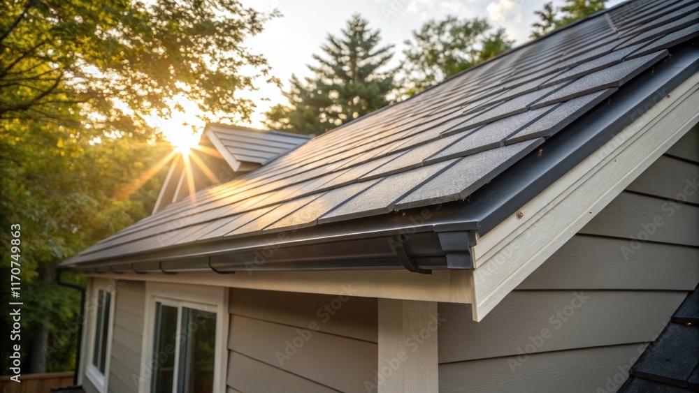 Poster A focus on the end of the stacked roof panels where they meet the edge of the eaves demonstrating the crisp angles and clean edges created by precise installation. Sunlight streams