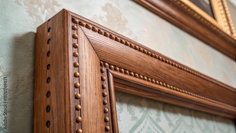 Poster a focus on the delicate detailing of wooden pegs securing the frame with the rich color of the expos