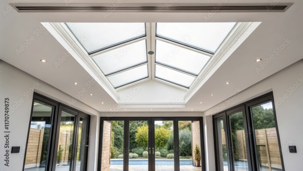 Poster A focus on the bifold doors top track showcasing how it seamlessly integrates into the ceiling with clean lines and minimalistic design emphasizing the airy open feel of the