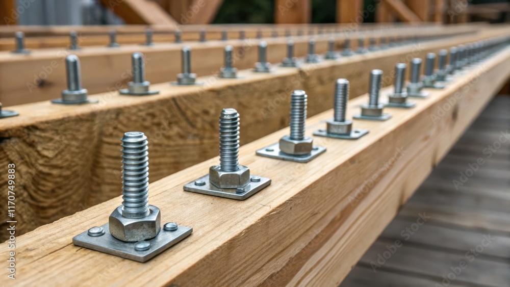 Aufkleber A focus on a series of metal fasteners meticulously arrayed along a wooden beam emphasizing their precise alignment and function. The rugged texture of the timber juxtaposes with
