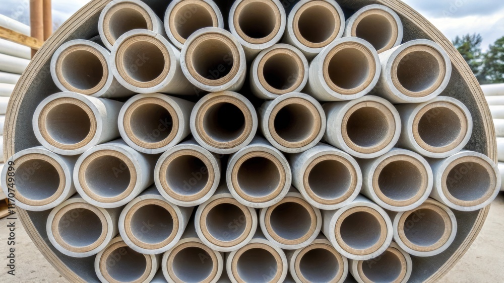 Poster A geometric composition of bundled insulation tubes displaying them in a crosssection view. The camera captures the organized layers of tubing overlapping and interlocking