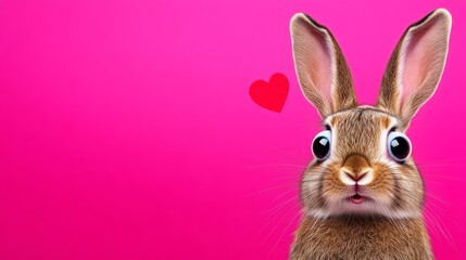 Obraz premium Rabbit with a heart on its head is staring at the camera. The pink background adds a romantic touch to the image