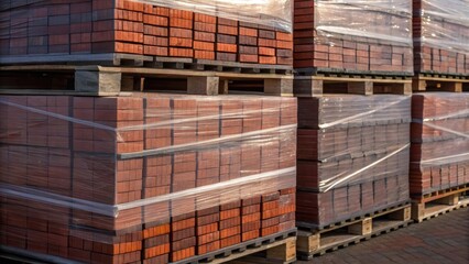 A horizontal perspective of the shrinkwrapped brick pallets capturing the interplay of light and shadows. The clear sheeting glimmers while the deep reds and browns of the bricks