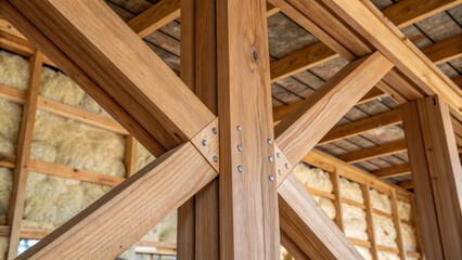 A lole shot magnifies the vertical timber supports bracing the structure while a background of exposed insulation peeks through the gaps. The blend of organic wood fibers with