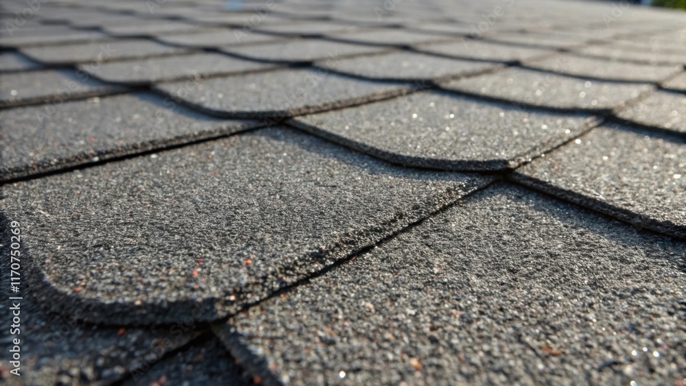 Poster A macro perspective highlights the texture of the asphalt shingles displaying the fine granulation and imperfect surfaces that contribute to their durability. The slight bevel of
