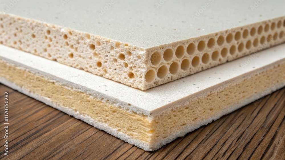 Poster A macro perspective of the layered structure of a rigid foam insulation board highlighting its cellular composition. This closeup reveals the materials effectiveness in thermal