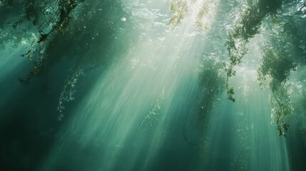 Fototapeta premium Underwater Sunbeams Illuminating Submerged Aquatic Plants - Serene Teal Green Water Scene