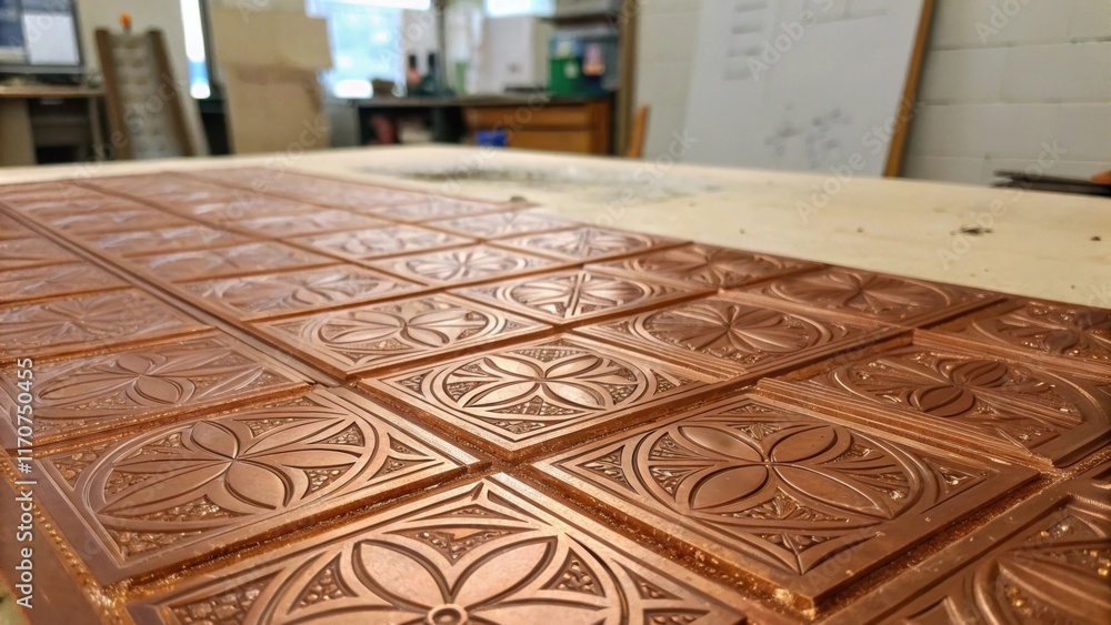 Poster A macro shot captures the intricate patterns etched across the copper panels blending functionality with artistry. Tiny flecks of dust and sawdust on the table remind us of the