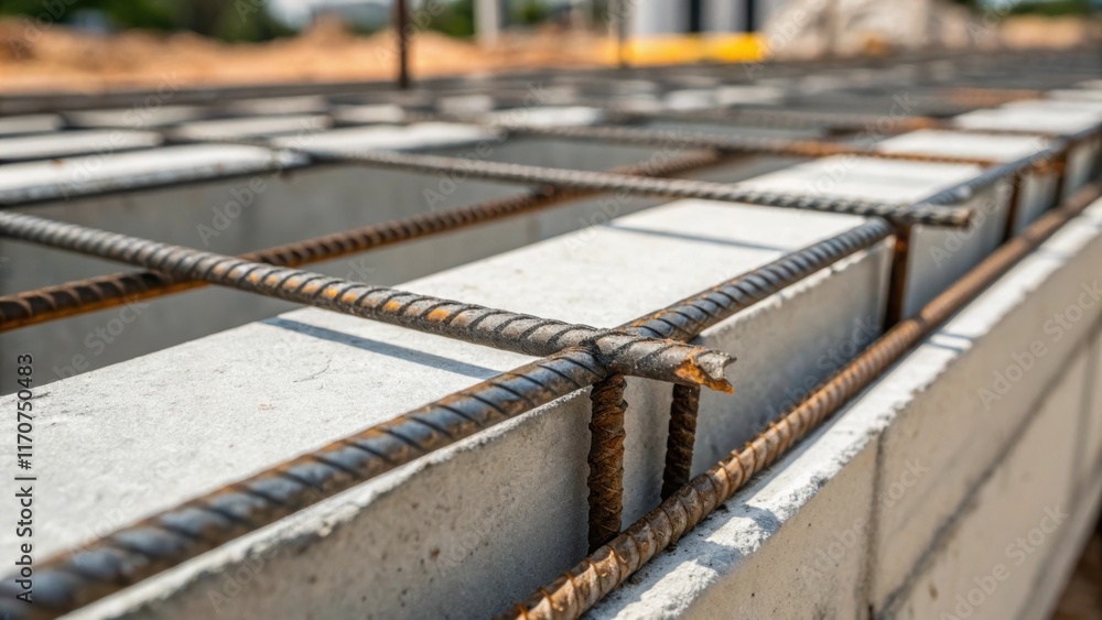 Poster A macro shot capturing the reinforced corners of a precast concrete slab emphasizing the bold steel reinforcements that enhance stability. The concretes neutral gray tone is