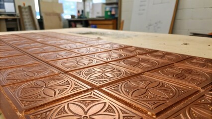 A macro shot captures the intricate patterns etched across the copper panels blending functionality with artistry. Tiny flecks of dust and sawdust on the table remind us of the