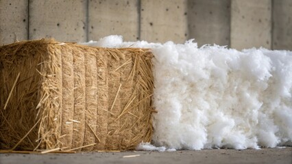 A macro shot captures the intricate fibers of fiberglass insulation spilling from the torn edge of a bale creating a delicate pattern reminiscent of a cloud. The backdrop exhibits