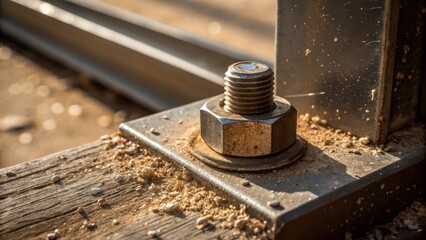 A macro shot capturing the texture of a freshly installed metal connector tightly embracing a beam featuring shadows and light reflections that accentuate the engineering behind