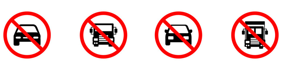 Set of car forbidden signs. No car parking, no parking road warning signs. No cars entry, the red circle sing. Vector illustration. EPS 10