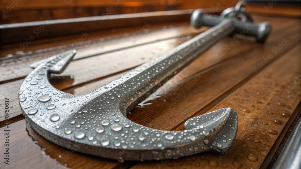 Poster A macro shot focusing on the textured surface of a galvanized metal anchor featuring droplets of water from a recent cleaning resting on a polished wellworn workbench. The