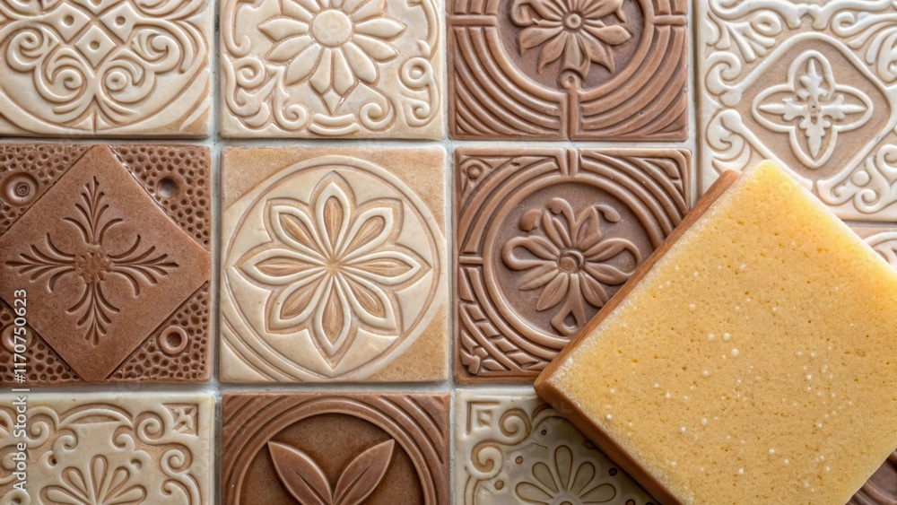 Poster a macro shot focusing on the rich textures of handmade ceramic tiles featuring a blend of earthy ton
