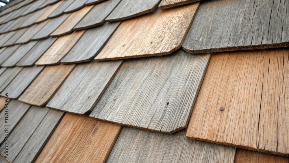 Aufkleber A macro shot highlighting the natural weathering of cedar shingles where the soft brown tones transition to grays. The overlapping layers proudly display tiny imperfections and