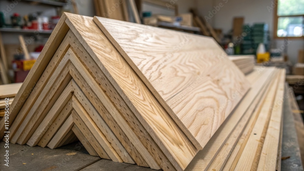 Aufkleber A macro shot focusing on the varying thicknesses of wall sheathing panels propped at sharp angles with the grain patterns up close displaying the beauty of natural imperfections of