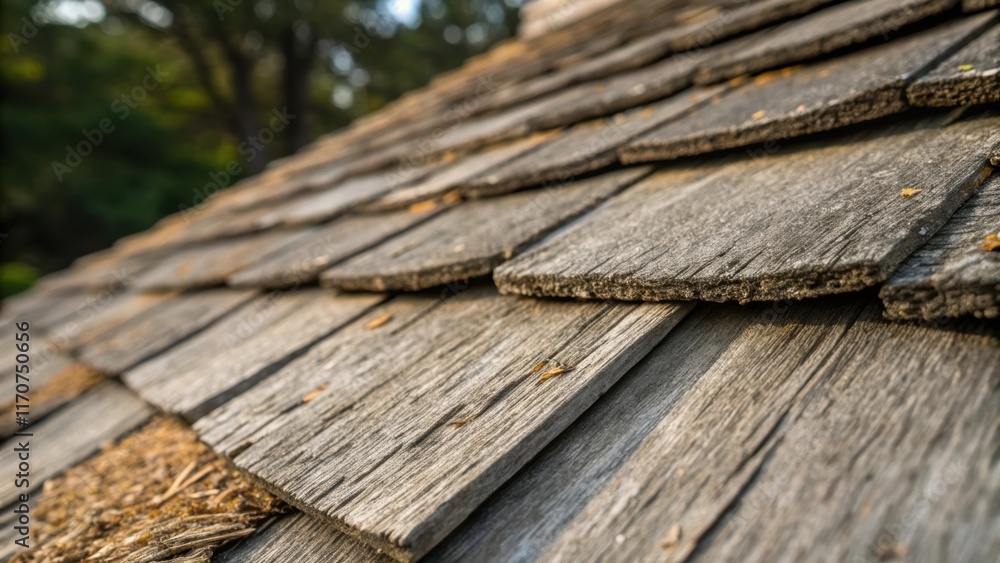 Poster A macro shot focusing on the intricate details of the fibers and grains on the surface of a single weathered shingle against the backdrop of stacked bundles demonstrating the