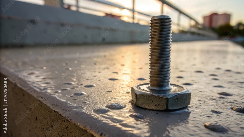 Aufkleber A macro shot highlights a single foundation bolt its metallic surface gleaming under the soft light. The concrete encasing it shows tiny air bubbles and irregularities signifying