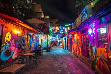 Obraz premium Surreal city street at night. Vibrant graffiti art, neon lights, and a whimsical, dreamlike sky.
