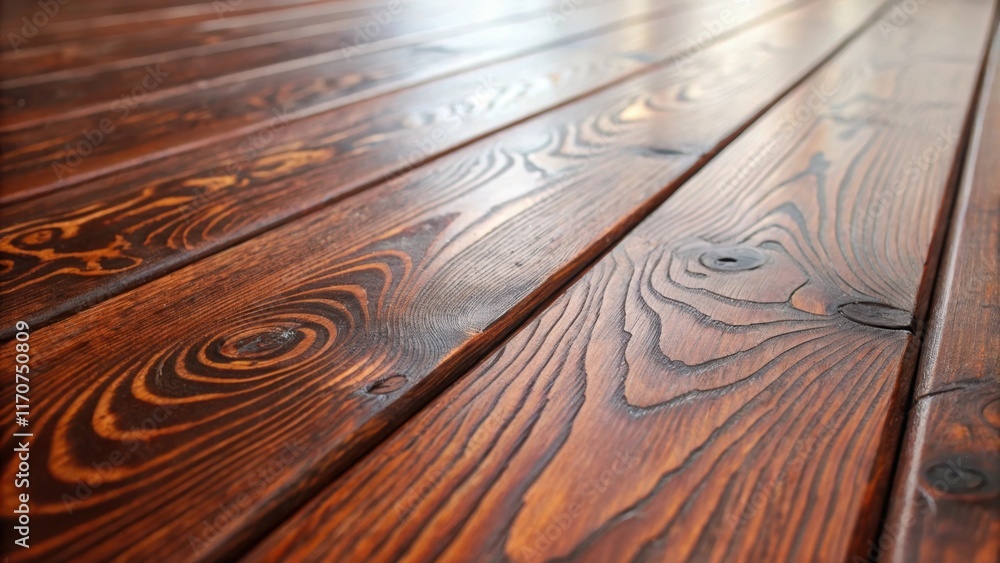 Poster A macro shot of stained hardwood planks with a deep warm hue. The finish accentuates the intricate knots and swirling lines emphasizing the unique textures while reflecting a