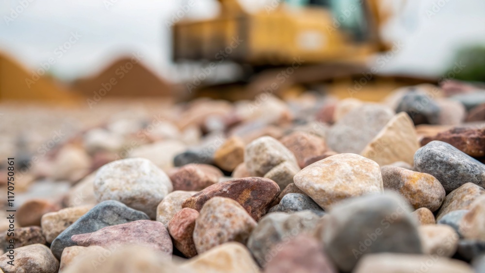 Poster A macro shot of individual stone aggregates emphasizing their unique textures and colors with a shallow depth of field that softly blurs the machinery in the background creating an