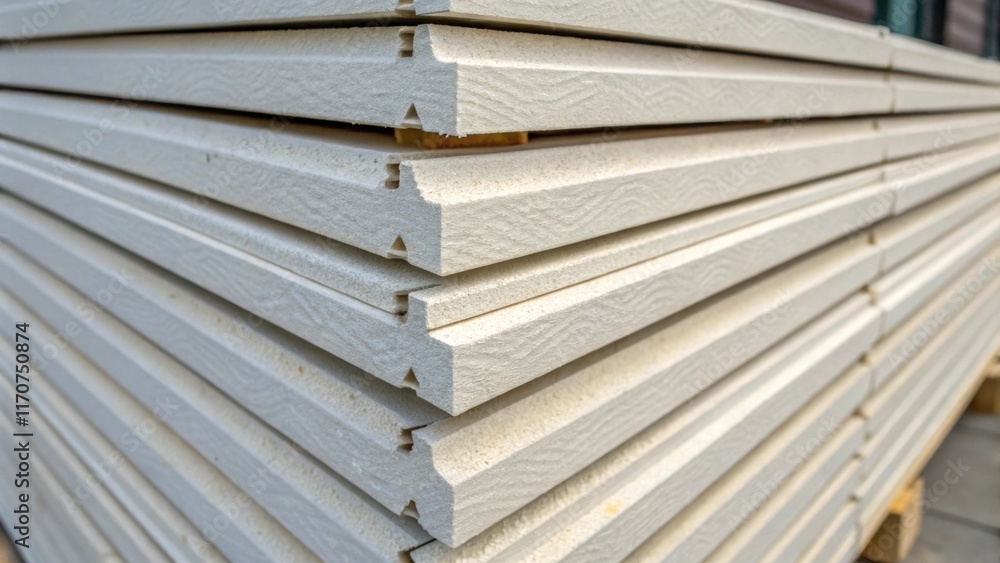 Poster A macro shot of the corner of a stack of insulated siding panels where sharp angles meet. The edges demonstrate precise manufacturing and a small detail shows the interlocking