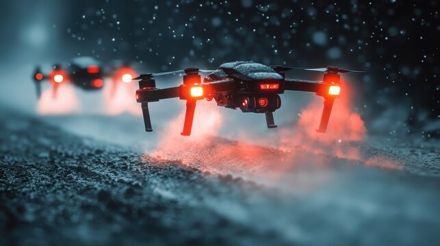A vibrant scene of a drone racing tournament, with competitors controlling their drones through augmented reality interfaces. The arena is illuminated by glowing neon tracks and cheering crowds. 