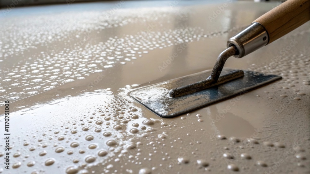 Poster A macro shot of the surface of the leveling compound just after application showcasing the smooth finish with tiny air bubbles rising to the surface and a trowel partially