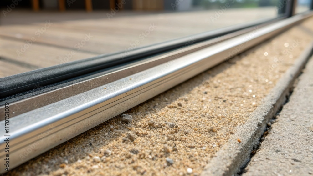 Poster a macro shot revealing the fine texture of the sliding glass door track where tiny grains of sand fr
