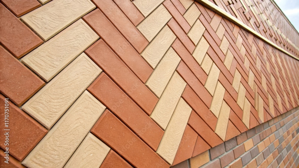 Poster A macro shot of weatherproof cladding panels with an intricate pattern reminiscent of herringbone design. The rich hues of earthy terracotta and soft beige intertwine creating a