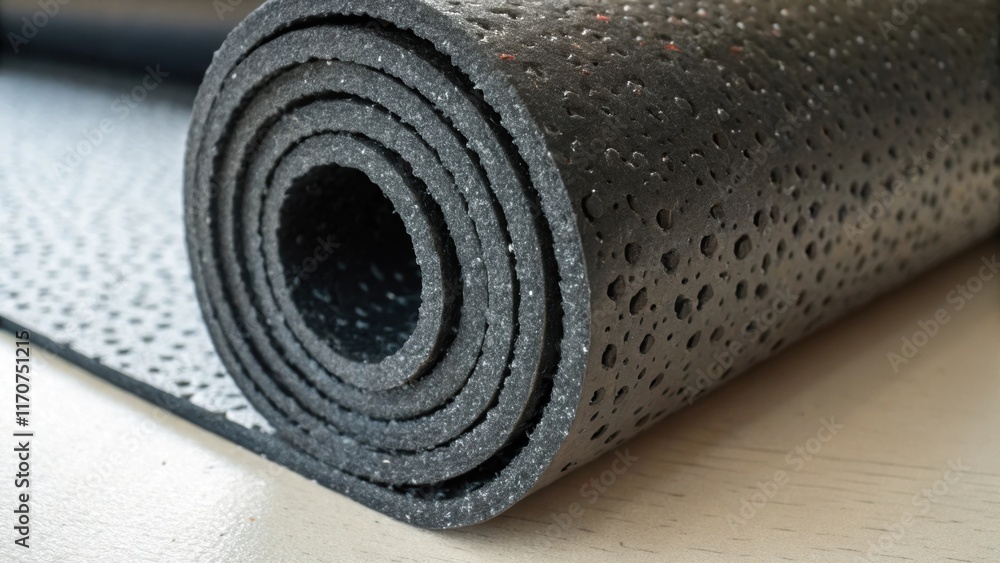 Poster A macro view captures the porous surface of rolled rubber underlayment showcasing the tiny air pockets that enhance its soundproofing capabilities. The play of light against the