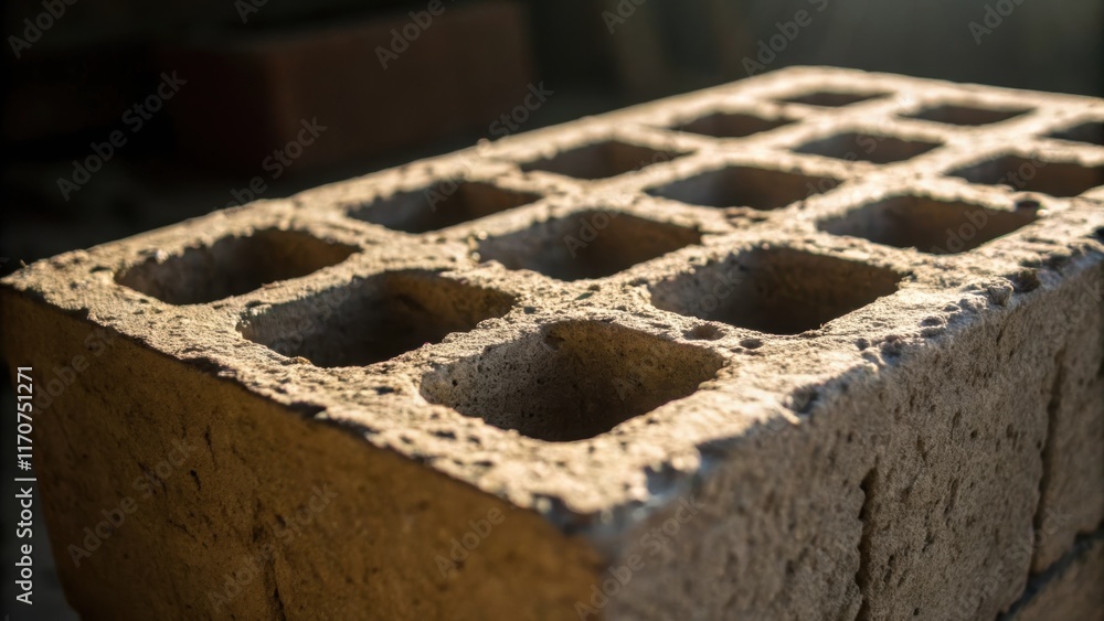 Aufkleber A macro view focusing on a single cement block revealing the porous and rugged texture of the material. The light casts shadows into the tiny crevices and pits of the block giving