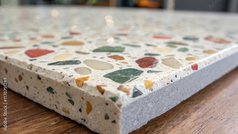 Aufkleber A macro view of a single terrazzo tile revealing the wide array of colors and materials embedded within it. The adhesive layer is subtly present on one side hinting at the